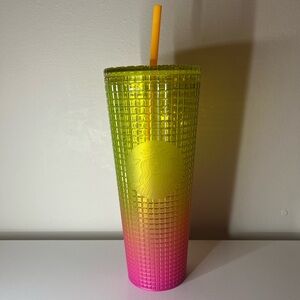 🎄SOLD🎄Starbucks Yellow & Pink Grid Cold Tumblr Cup 24 oz